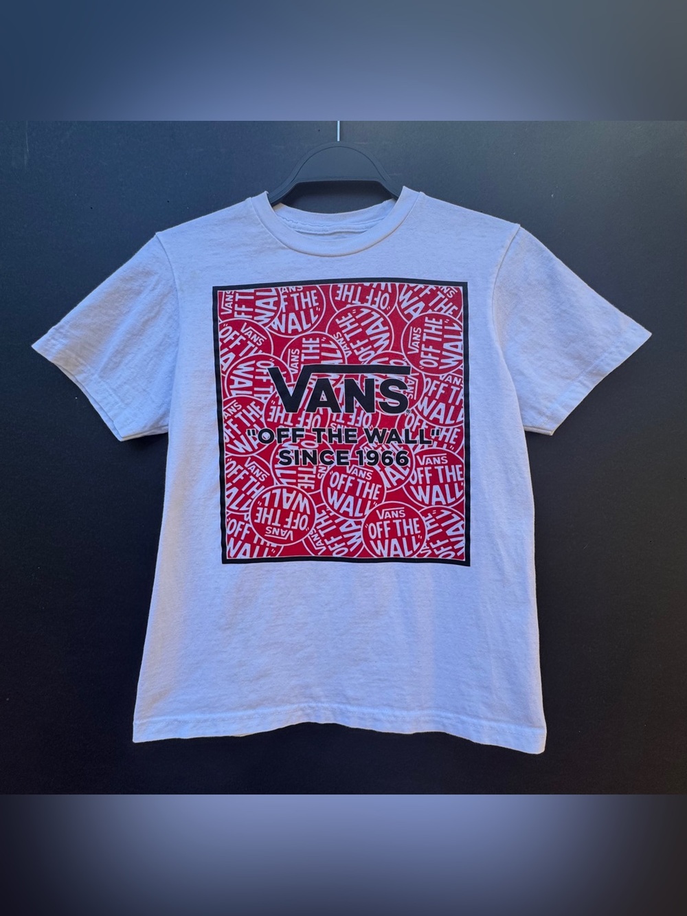 Vans White Tee with Black and Red Classic Logo Print. Sz. Small